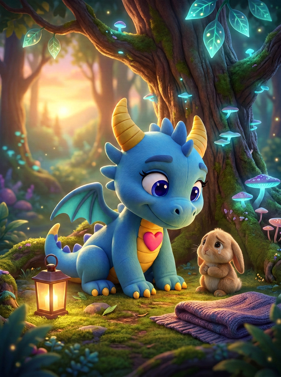 Hugsy the Heart Dragon gently listening to a tearful rabbit beneath a glowing tree in Dragon Hollow.