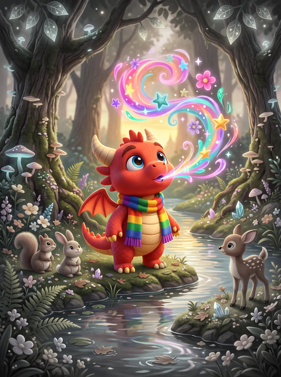 Inky the red Creativity Dragon rediscovering his colourful fire in a magical forest.