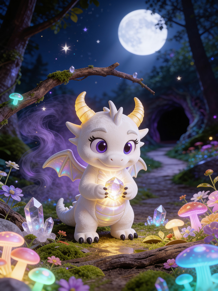 Lumy the white Light Dragon holding the glowing Glimmerstone in a moonlit enchanted forest.
