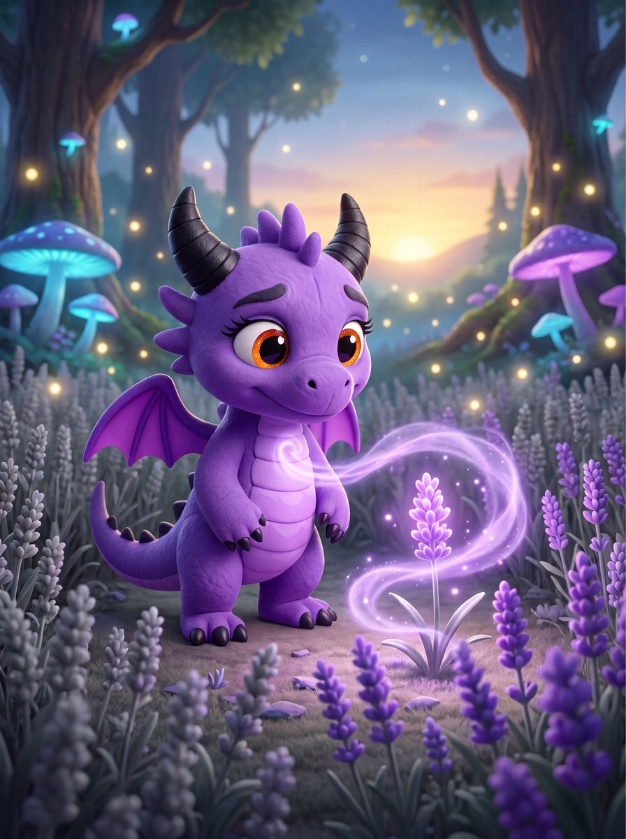 Misty the Lavender Dragon discovering a glowing lavender flower in a moonlit field filled with magical mist.