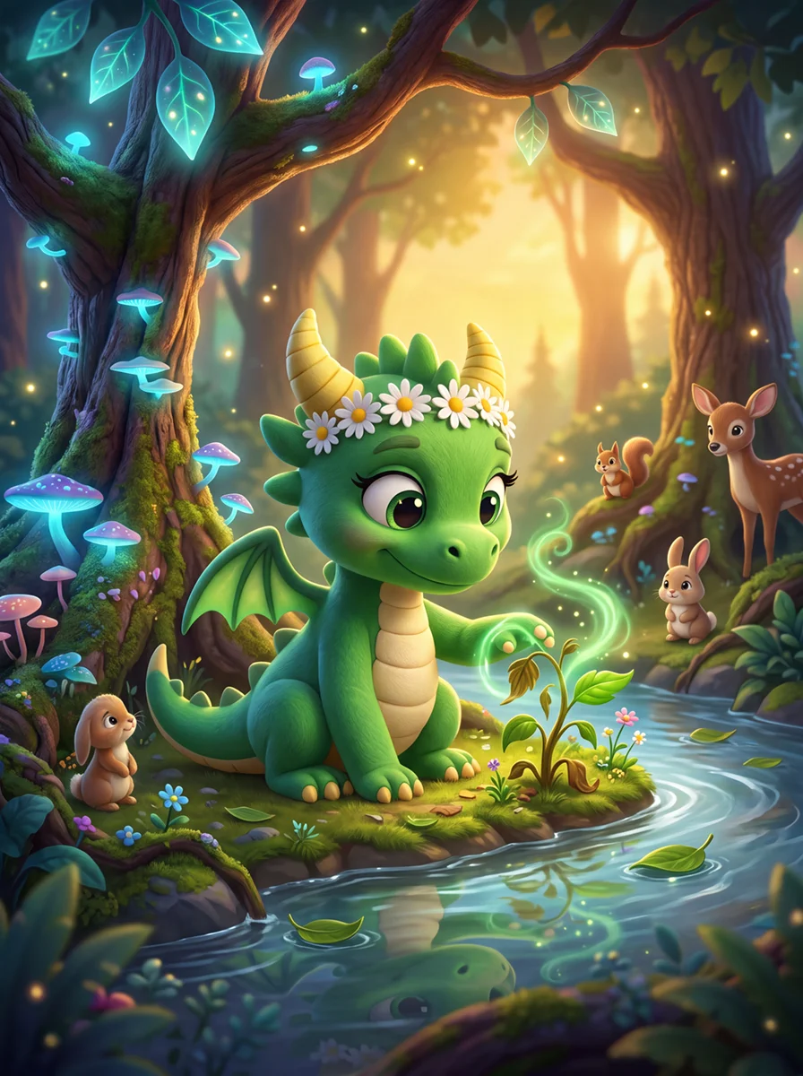 Nova the green Nature Dragon caring for a struggling plant beside a magical forest stream.
