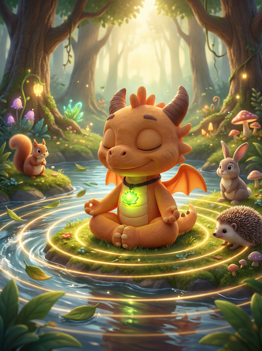 Zen the Peace Dragon meditating beside a woodland stream as golden rings of harmony calm the animals of Dragon Hollow.